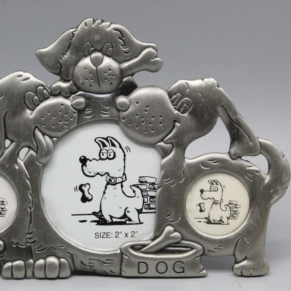 Pewter Dog Multi Photo Frame 4 Opening Puppy Cartoon Silver Tabletop Decor